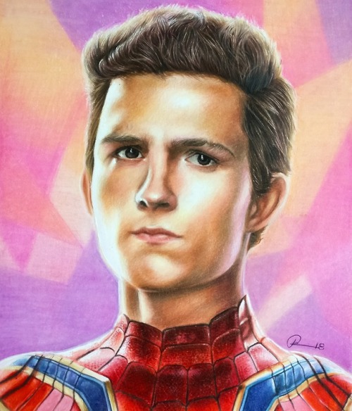 Colored pencils portrait of Tom Holland as Spiderman Instagram @junitaide