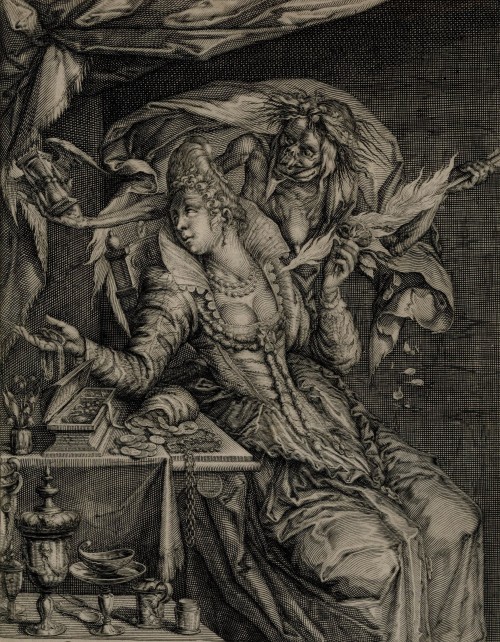 Vanitas: Death and a Maiden (c. 1610/20 - Engraving) ~ by Hendrik Hondius I, after Jacques de Gheyn 
