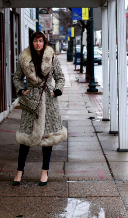 Vintage and stilettos  Fur and tweed vintage coat by Paramount Jeans by Gap Heals by Ralph Lauren  P