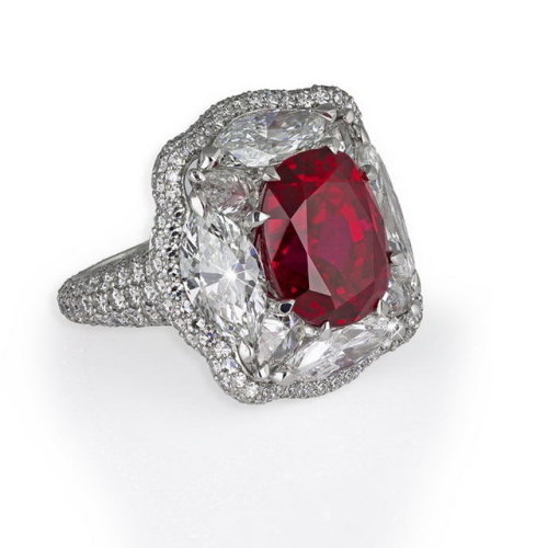 7.42 Carat Natural Cushion-Cut Burmese Ruby Surrounded by Marquise-Cut Diamonds and Micro Set Diamon