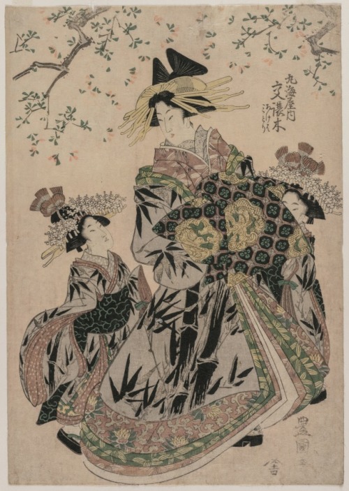 The Courtesan Katakoshigi (?) of Maruebiya with her Kamuro Ageha and Midori, Utagawa Toyokuni, c. 18