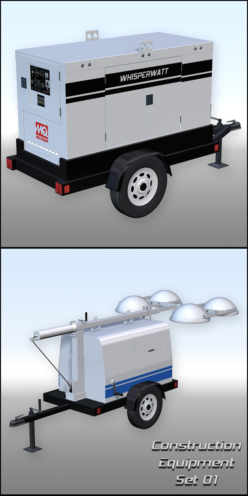 Poser  models of a mobile generator and mobile lighting unit commonly found on  construction
