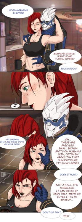 dangoblr: like… how can you not fall in love with Shep’s freckles.Garrus can be smooth 