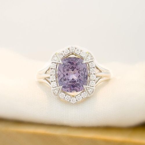 Lilac spinel in 18K white gold. We love designing with spinels as the focal point. Their array of co