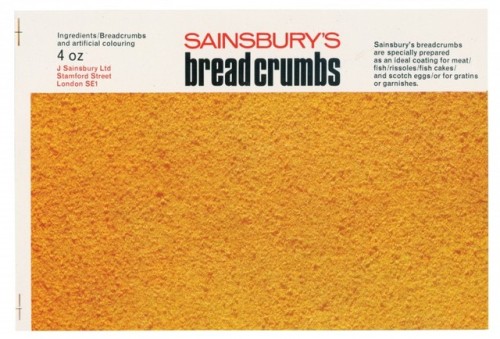 scavengedluxury:Packaging for Sainsbury’s Breadcrumbs, 1967. From the Sainsbury Archive.