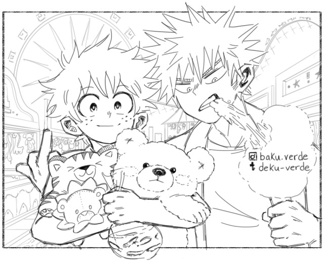 i know it might be getting kinda redundant but it’s MY TURN TO DRAW THEM ON A DATE AT THE AMUSEMENT PARKI think it goes without saying that Kacchan would go out of his way to win any and all stuffies that Izuku so much as glances at for too long, and Izuku would buy him all the snacks to help fuel his winning streakand don’t worry! Both boys would do their due diligence to make sure the goldfish lived long and comfortable lives, and for sure give them strong names after pro-heroesalso this is the part where I would give credit to my partner for doing the background for me and I would tag him and thank him for helping me out, but he has no social media whatsoever. still it would feel strange to post it without acknowledging his contribution, so shout out to him #bakudeku#bkdk#midoriya izuku#bakugou katsuki#bnha#mha#my art #i really hate doing backgrounds  #when he saw me getting pouty about having to add one and not wanting to  #he rolled his eyes and kicked me out of my chair and whipped one out for me so quickly  #and reminded me im never gonna learn proper if i dont do it myself lol  #he aint wrong  #helpful sketch and helpful advice so thanks for that babe  #k max you can shut up now