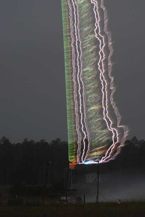 scienceyoucanlove:
“ This is a triggered lightning experiment conducted in Florida by researchers looking into how, when and where lightning forms. The blue-green light in the centre of the image is formed by a copper triggering wire that has been...