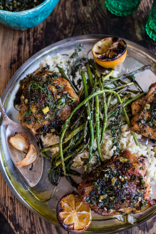 foodsforus: Garlic Roasted Chicken with Charred Lemon Salsa Verde &amp; Asparagus
