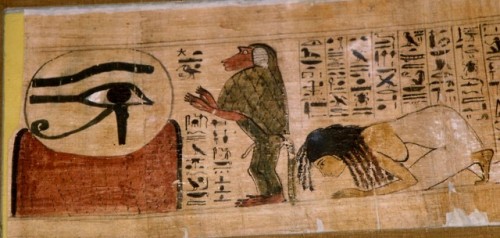 Papyrus of HenuttawyThe deceased and an ape adore the sun-disk which contains the Eye of Re as it ri