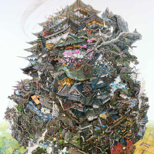 El pintor japonés Manabu Ikeda (1973) dibuja mundos imaginarios a gran escala que detallan intrincad