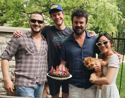 With Tomer Kappon, Jack Quaid and Karem Fukuhara, celebrating his birthday, Toronto 2021.