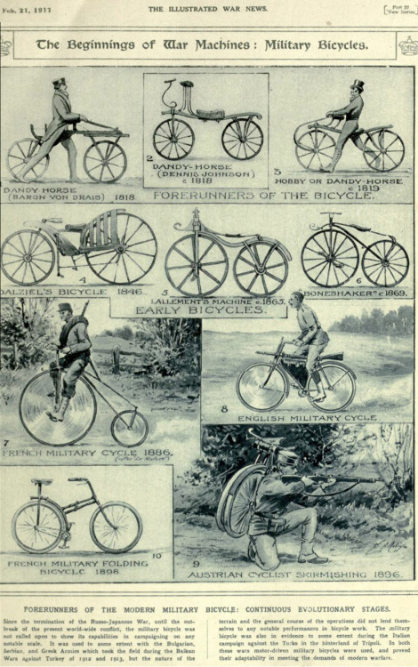 Evolution of the Military Bicycle from The Illustrated War News, 1917.I especially like the French m