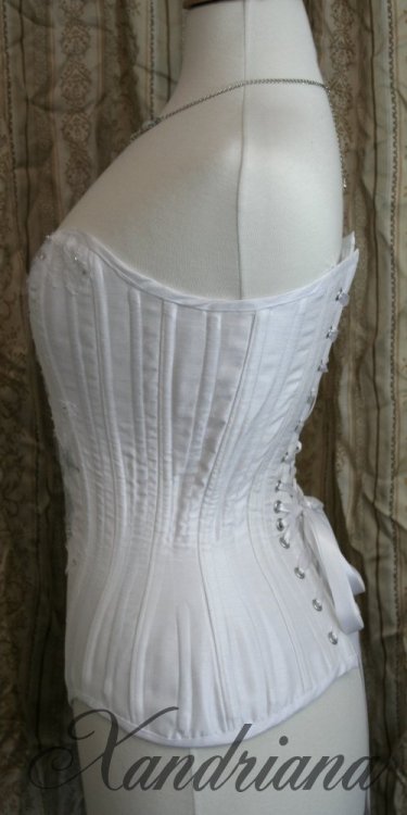 Bridal overbust all finished! White faux silk and coutil corset with silver and white lace and beads