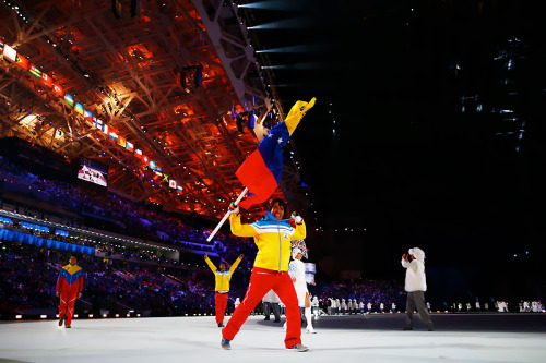 olympicsusa:  Skier Antonio Pardo of the Venezuela Olympic team carries his country’s flag during the Opening Ceremony of the Sochi 2014 Winter Olympics Source: Bruce Bennett 