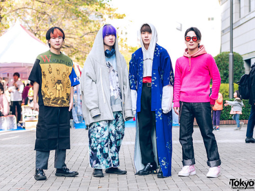Japanese teens Hikaru, Kiku, Kaiya, and Syo on the street in Tokyo wearing resale and vintage fashio
