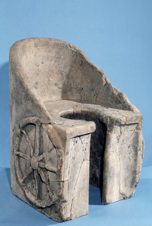 theancientwayoflife:~Pavonazzetto marble latrine in the form of a chariot. Culture/period: Roman  Da