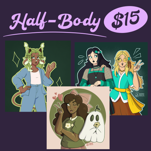 An image showing the price of a half-body commission. The price is $15 per piece