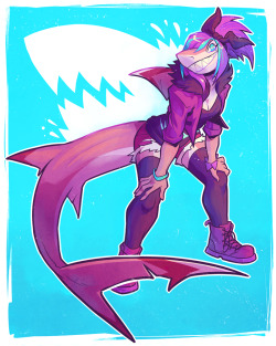 squeedgeart:  SHARK GALS. First being a commission that accompanied a character auction I held a while back, and the latter being another character I designed for auction and in celebration of shark week. She’s UFA here!   Sexysharkies~