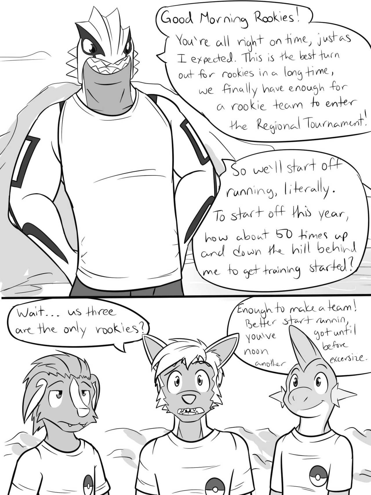 Pokemon Combat Academy, pg 28-29First day of training for the regional tournament,