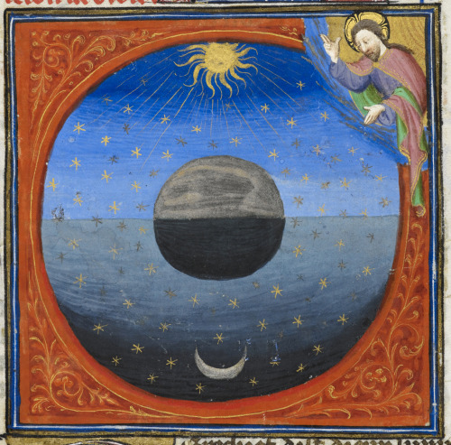 Detail of a miniature of God creating the sun and moon. From “Guyart des Moulins, Bible historiale (