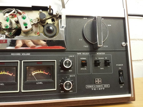 Sony TC-377 Reel-To-Reel Tape Recorder, 1973. Tape head cap unfortunately missing.