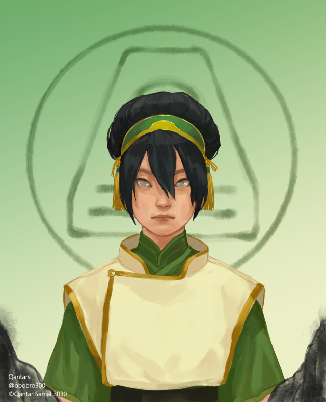 doctor-platypus:  obobro:    ⛰️ Toph ✨   [ID: A drawing of Toph. She is wearing her usual clothes with slight modifications, like a golden outline on her vest, a higher-up, rounded collar, and tassels in her hair instead of the pom-poms. Two dark