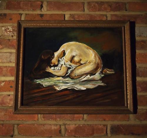 Nude morphs into skull Painting titled “Even in the Midst of Life, we are in Death” orig