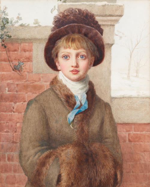 Kate Greenaway (English, 1846 - 1901): Winter: A girl with a hat, fur trimmed coat, fur muff and a b