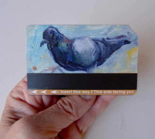  Metro Card Pigeon No. 152.5" x 3" oil on Metro CardAvailable here.