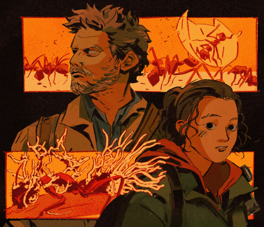 Fanart featuring Joel and Ellie from The Last of Us, along with a row of ants and a row of spreading fungus, in shades of orange, green, and black.