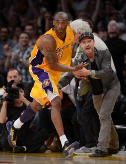 thelakersshowtime:  Justin and Kobe, right after hitting a three to seal Game 7 of the 2012 First Round against the Nuggets.