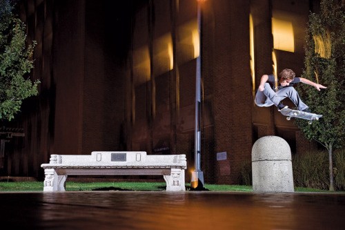 Cory Wilson, ollie onto the bench then ollie over the can ,from issue #110. photo: Brian Caissie