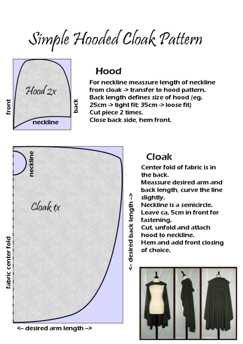 cranniesinmybrain:likes-drawing-elves:Simple Hooded Cloak PatternDifficulty level: BeginnersRequired