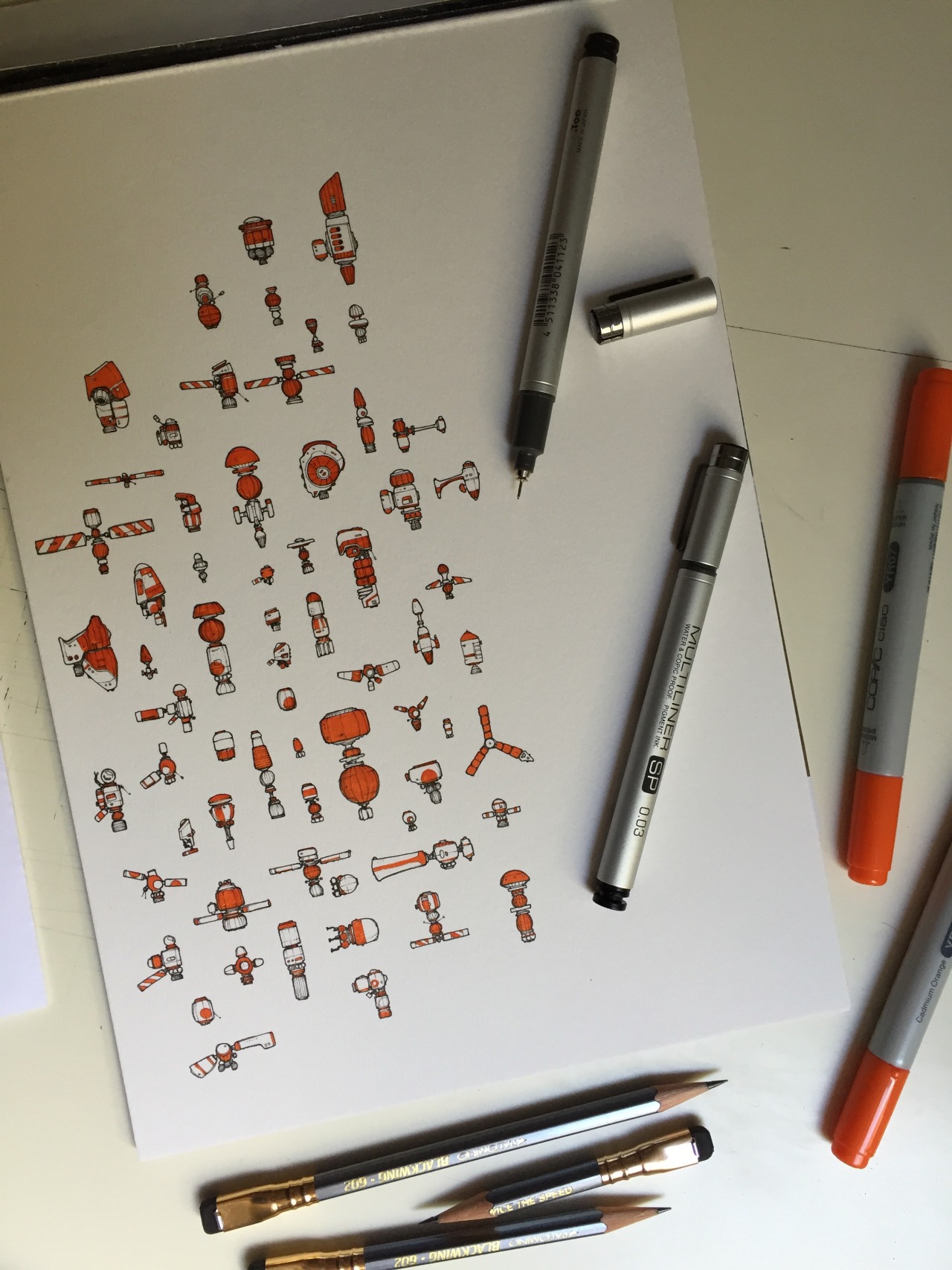 thisnorthernboy:  Tiny orange spaceships.   Still going with this.  More of my work