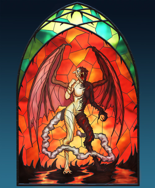 Stained glass window of a demon church