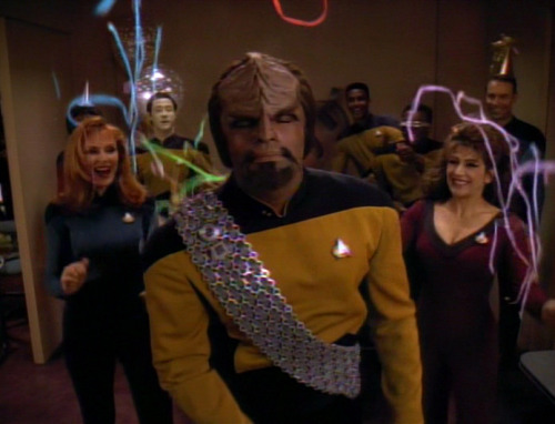 startrekhugs: [Image: Everyone except Worf enjoying Worf’s birthday party. From Parallels. Ima