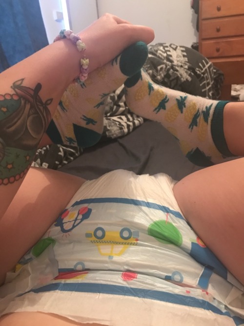 pretty-littl3-babydoll:Fav combination at the moment is preschool diapers from abu and my rainbow onesie from abdlmarketplace 