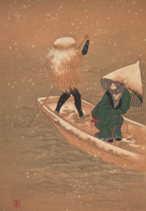 &lsquo;Snow scene of a courtesan holding an umbrella being ferried across the Sumida River by a 