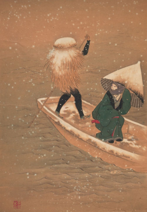 ‘Snow scene of a courtesan holding an umbrella being ferried across the Sumida River by a port