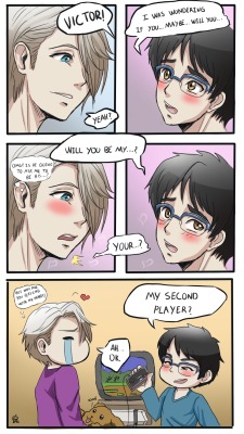 rhapeseuhans:  #  VictuuriWeek -   ProposalsPoor Victor…And I don’t know why I see Yuuri as the kind of guy how prefers retro games lol