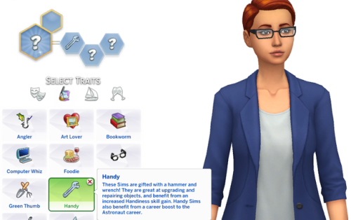 The Sims 4 Handy Custom Trait by SimmerSarahDescription: These Sims are gifted with a hammer and wre