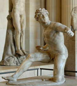 ganymedesrocks: Wounded warrior, also-called “Kneeling Youthful Gaul”. Alabaster, Roman copy of the 1st–2nd century CE after a Pergamene original of the 3rd century BC. Left hand and right arm are modern restorations. Le Louvre - Department of
