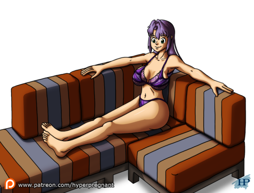 On the Couch Pregnancy SequenceA busty girl in purple lingerie, with purple hair, sitting on a secti