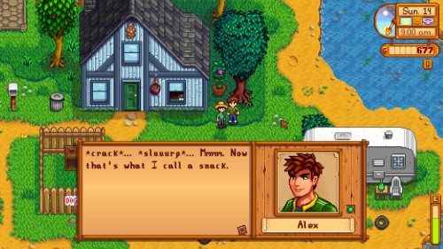 Screenshot from Stardew Valley, the player is speaking with Alex. Alex's dialog reads: "*crack*... *sluuurp*... Mmmm. Now that's what I call a snack."