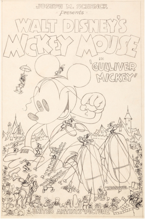 Concept drawing (and the finished result) for a publicity one-sheet for the 1934 Disney short, Gulli