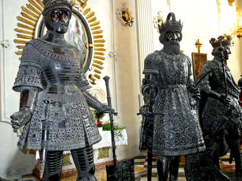Statues from the tomb of Emperor Maximilian I in the Hofkirche, Innsbruck including a bronze figure 