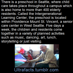 cranquis:  ultrafacts:    What would happen if you paired the very young with the very old?  It’s being done at a preschool in Seattle, where child care takes place throughout a campus which is also home to more than 400 older adults.Five days a week,