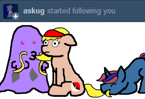 ask-poke-mon-pony:  we inturpt this story line for this followerhttp://askug.tumblr.com/  I dunno what the purple ghost thing is (at least I think its a ghost), but I get to nom her tail so fine by me~  (OMG This is SOOOO adorable, and I love the way