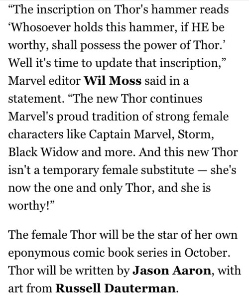 221-booty:YOU GUYS!!! WE GET A FEMALE THOR!!! F E M A L E T H O R. HE DIDN’T TURN INTO A WOMAN, BUT 
