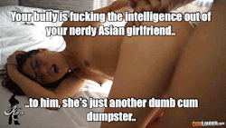i-own-you-and-your-girl:  Your girlfriend was one of the smartest girls in her class.. But when she’s with him, she knows that she’s just a dumb and submissive 3 holes cum bucket..  These days, her marks have been dropping and she has failed some